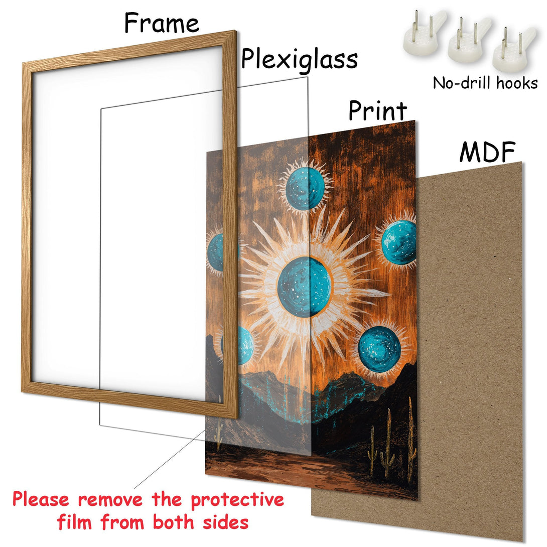 Framed Poster featuring a desert landscape with turquoise and orange hues. Modern art style, ready to hang and brighten your space!