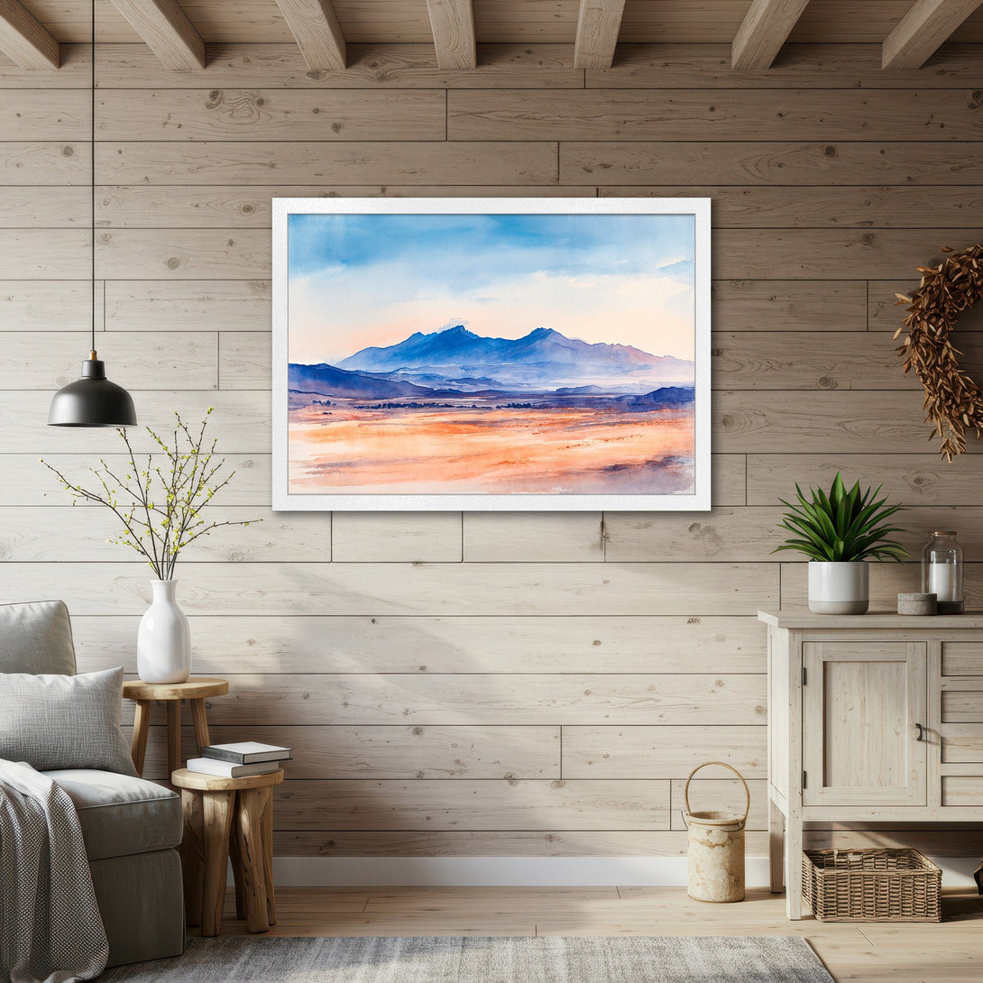 Framed Poster of a watercolor landscape with mountains. Features a blue, orange, and neutral color palette. Perfect wall art!