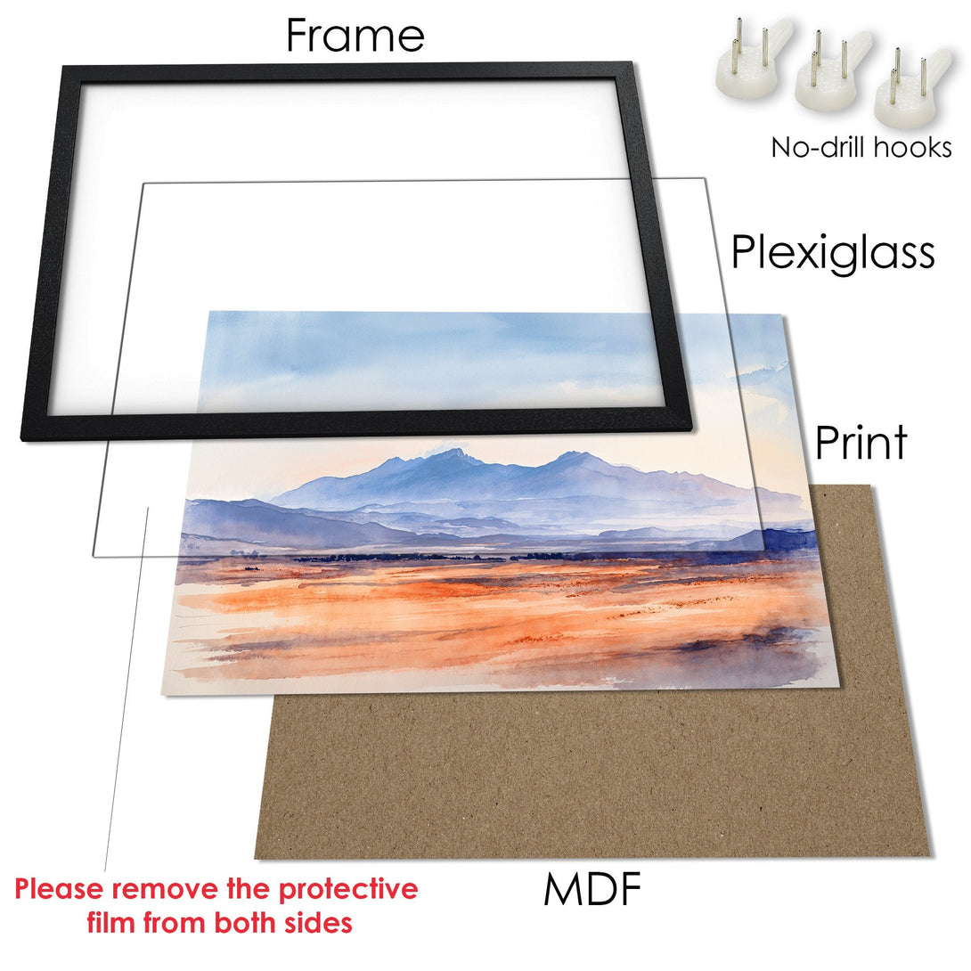 Framed Poster featuring a watercolor landscape in blue and orange tones. Enhance your space with this beautiful art print.