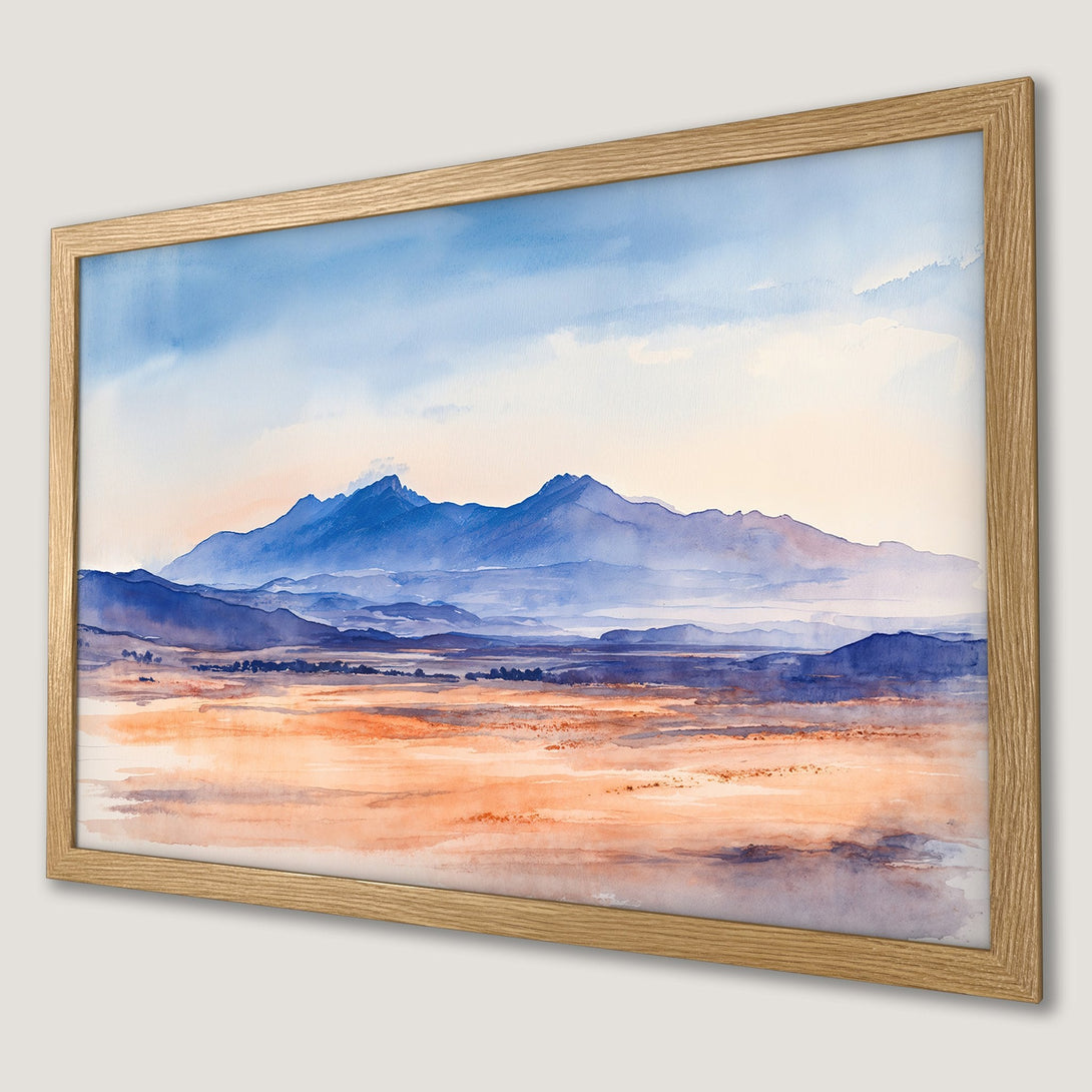 Framed Poster of watercolor mountain landscape in blue and orange hues. Perfect wall art for your home!
