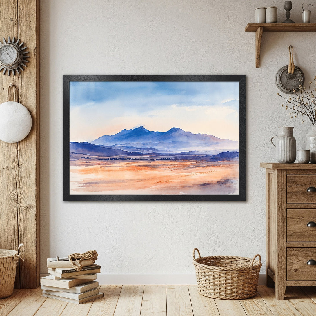 Framed Poster of watercolor mountain landscape in blue, orange, and beige tones. Perfect wall art for your home!