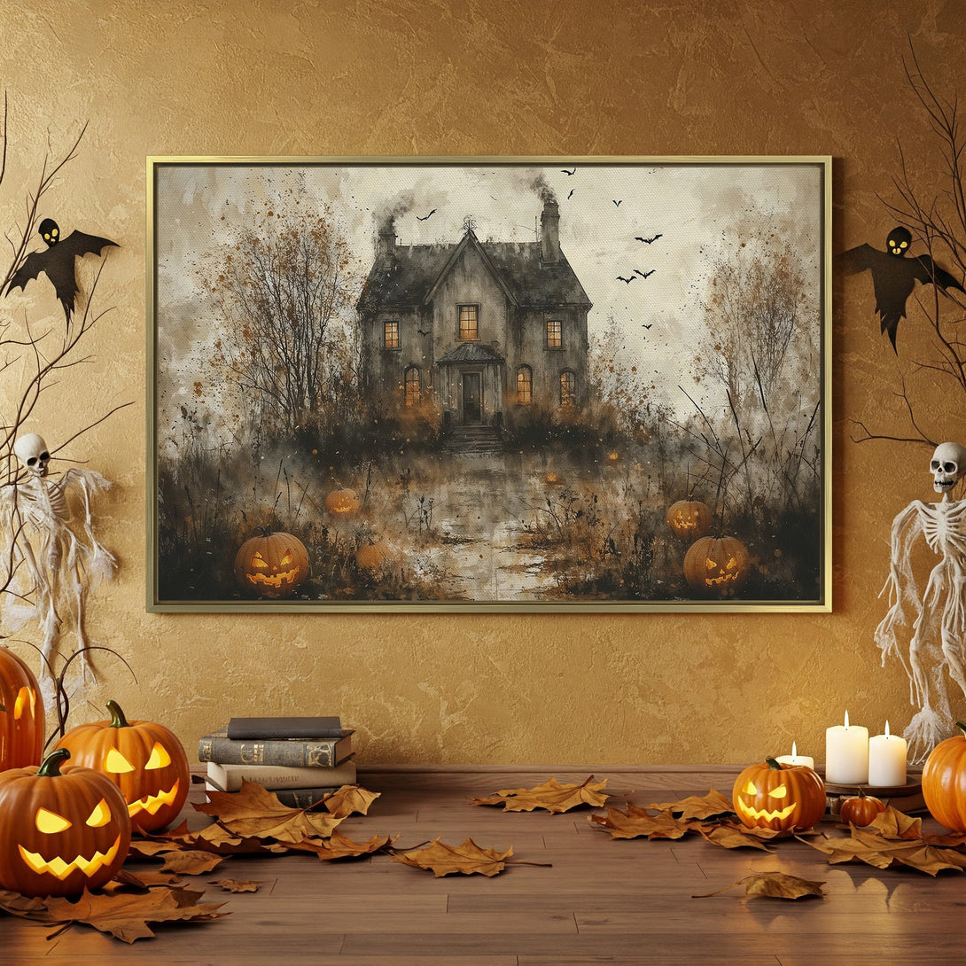 Canvas Print featuring a spooky haunted house scene in muted tones. Perfect Halloween decor with orange, black, and beige color palette.