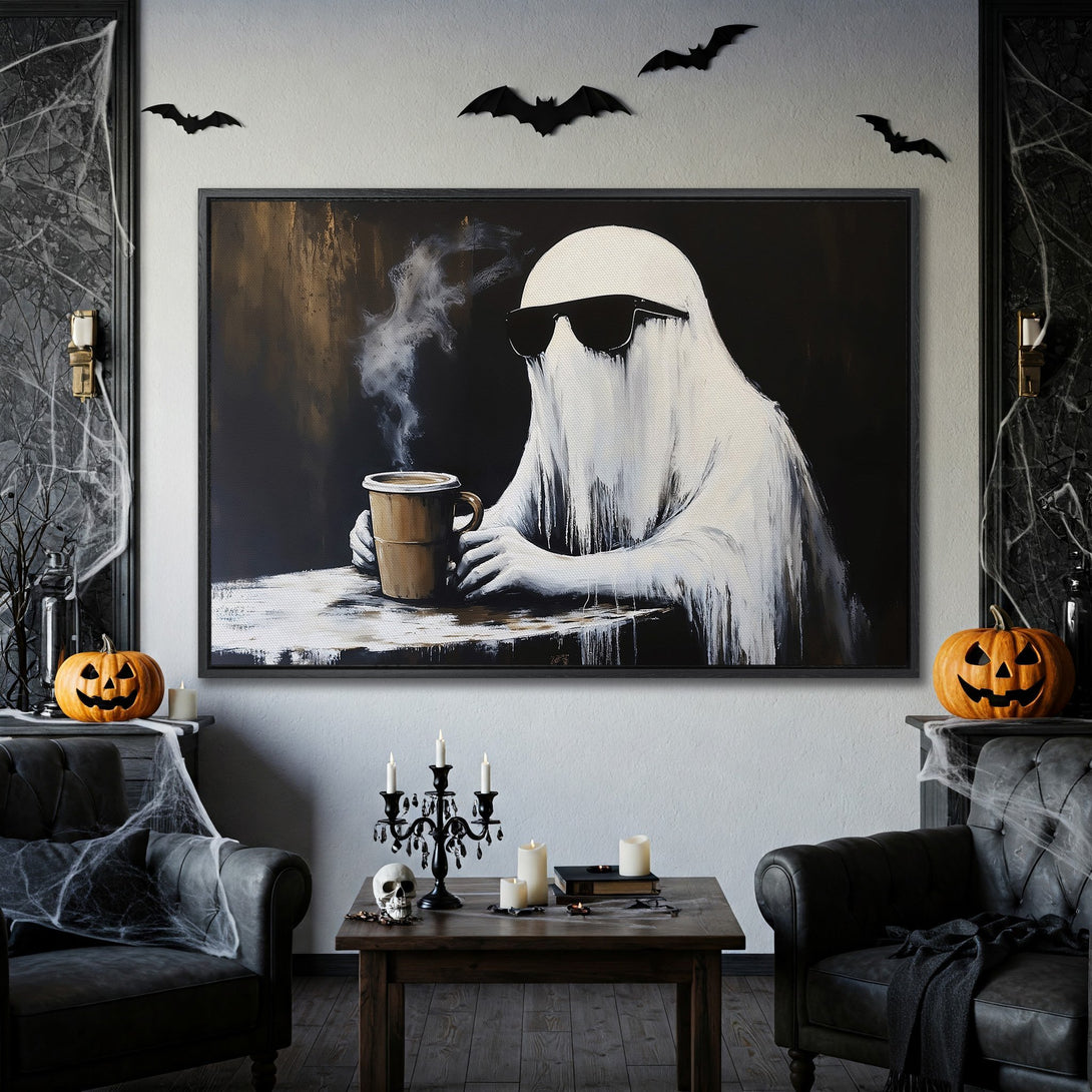 Framed Wall Art: Cool ghost enjoying coffee. Black & white artwork with a touch of gold, perfect for Halloween decor.