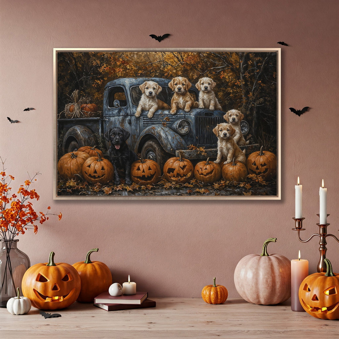 Framed Wall Art: Adorable puppies in a vintage truck with pumpkins. Warm autumn color palette, perfect for Halloween decor.