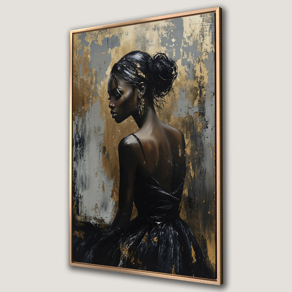 Framed Wall Art: Elegant woman in black dress, abstract style, gold, gray, and black color palette. Perfect for modern home decor.