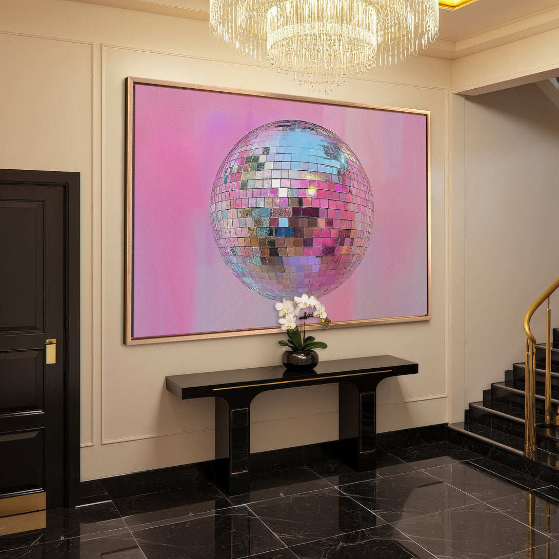 Framed Wall Art: Disco ball art in a modern interior. Pink and silver color palette. Add a touch of glam to your home decor!