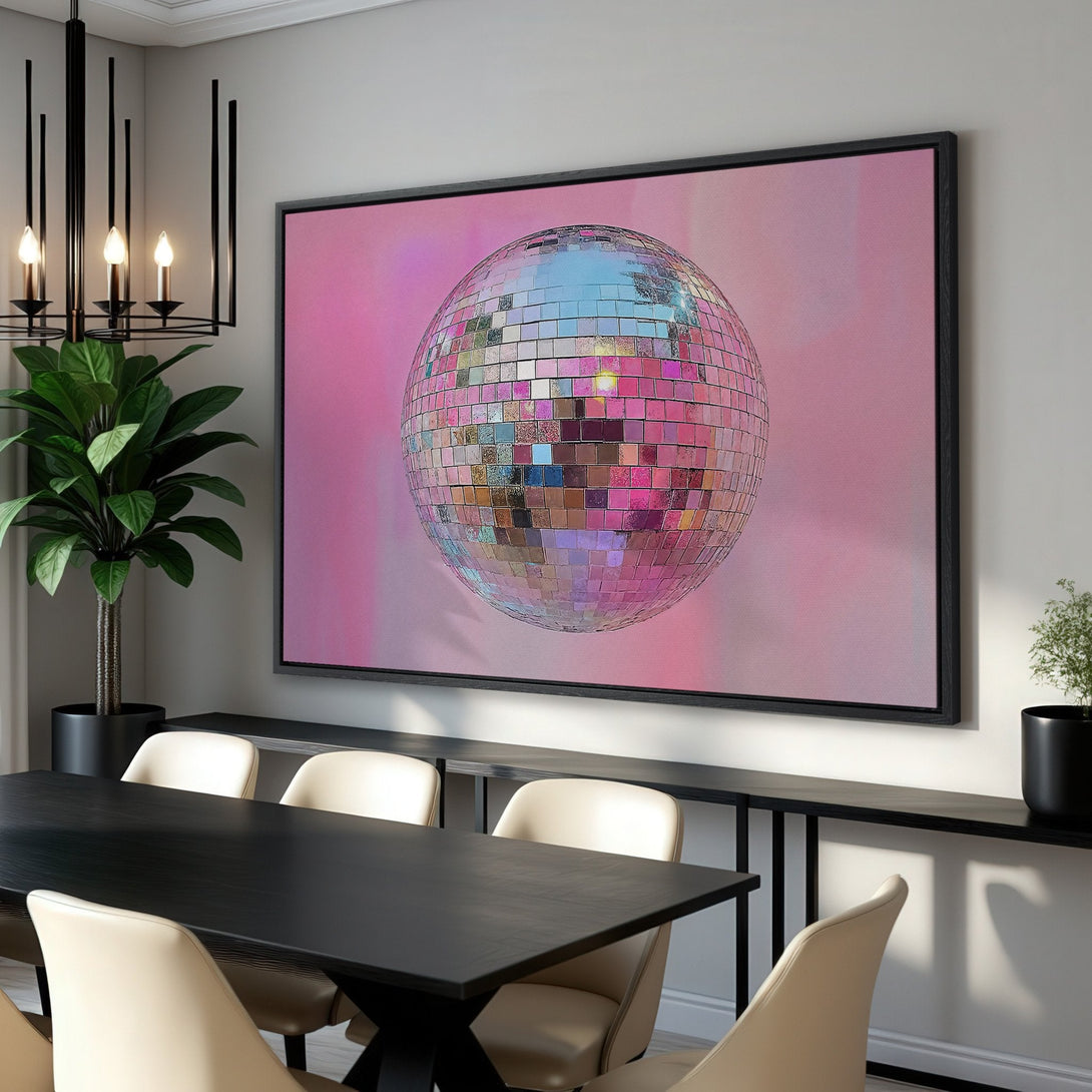 Framed Wall Art: Disco ball canvas print in a modern dining room. Pink, silver, and black color palette. Add a touch of glam to your space!