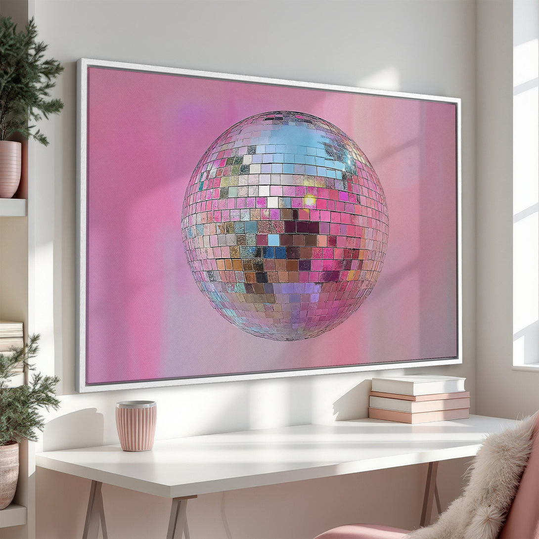 Framed Wall Art: Disco ball art print with a pink and pastel color palette, perfect for adding a touch of retro glam to any space.