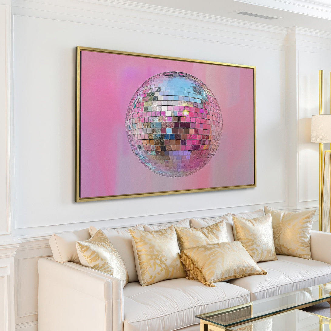 Canvas Print of a disco ball. Modern art with a pink and silver color palette. Perfect for adding a pop of fun to your space.