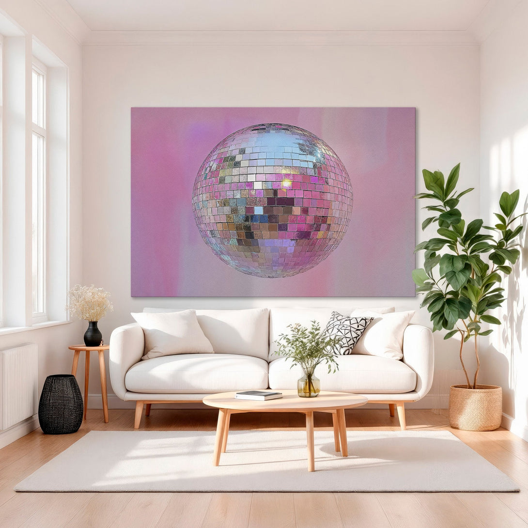 Framed Wall Art: Disco ball canvas print in a chic interior. Pink and gold color palette, perfect for adding a touch of glam to your space.