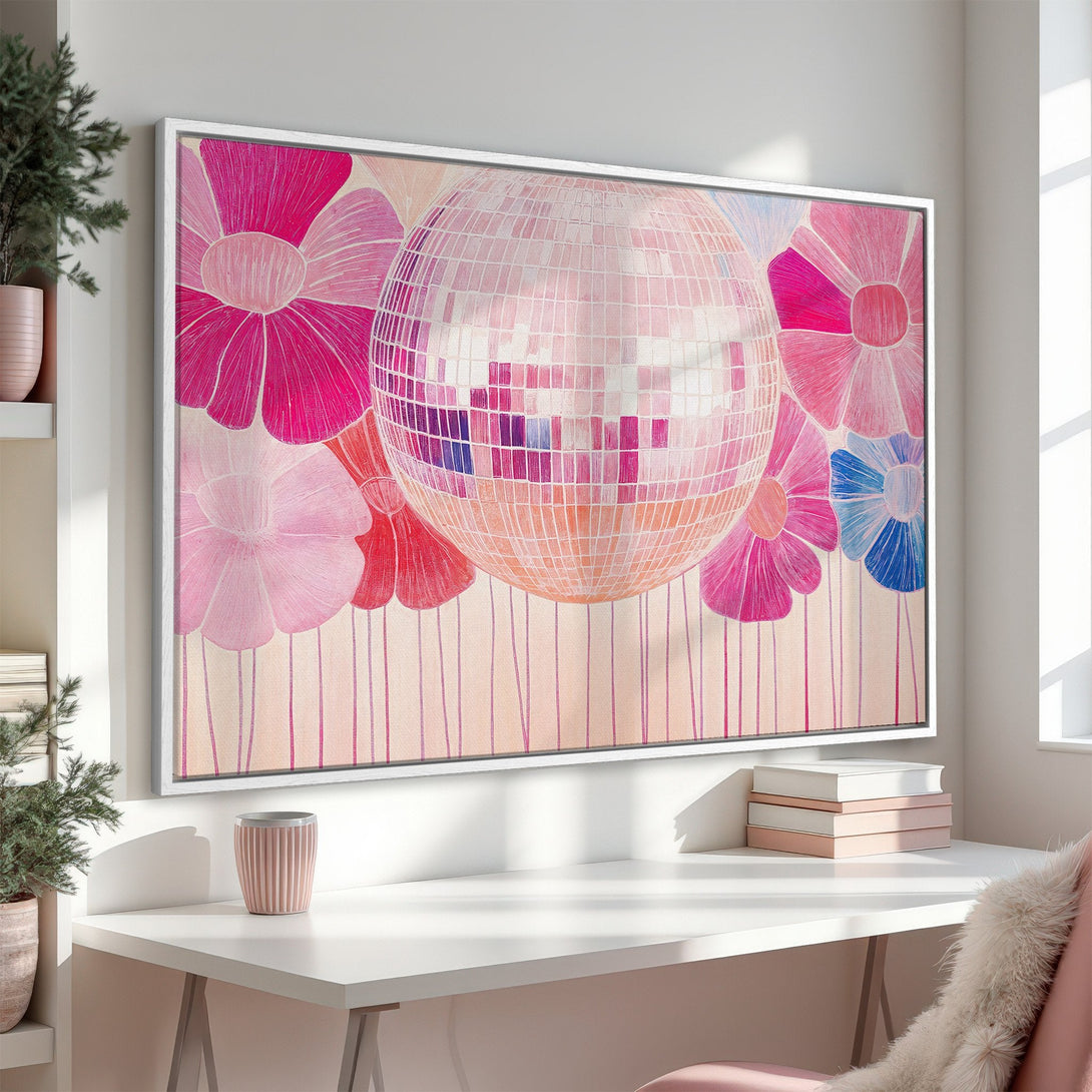 Framed Wall Art: Abstract floral disco ball design in pink and peach hues. Modern Canvas Print for a stylish, colorful interior.