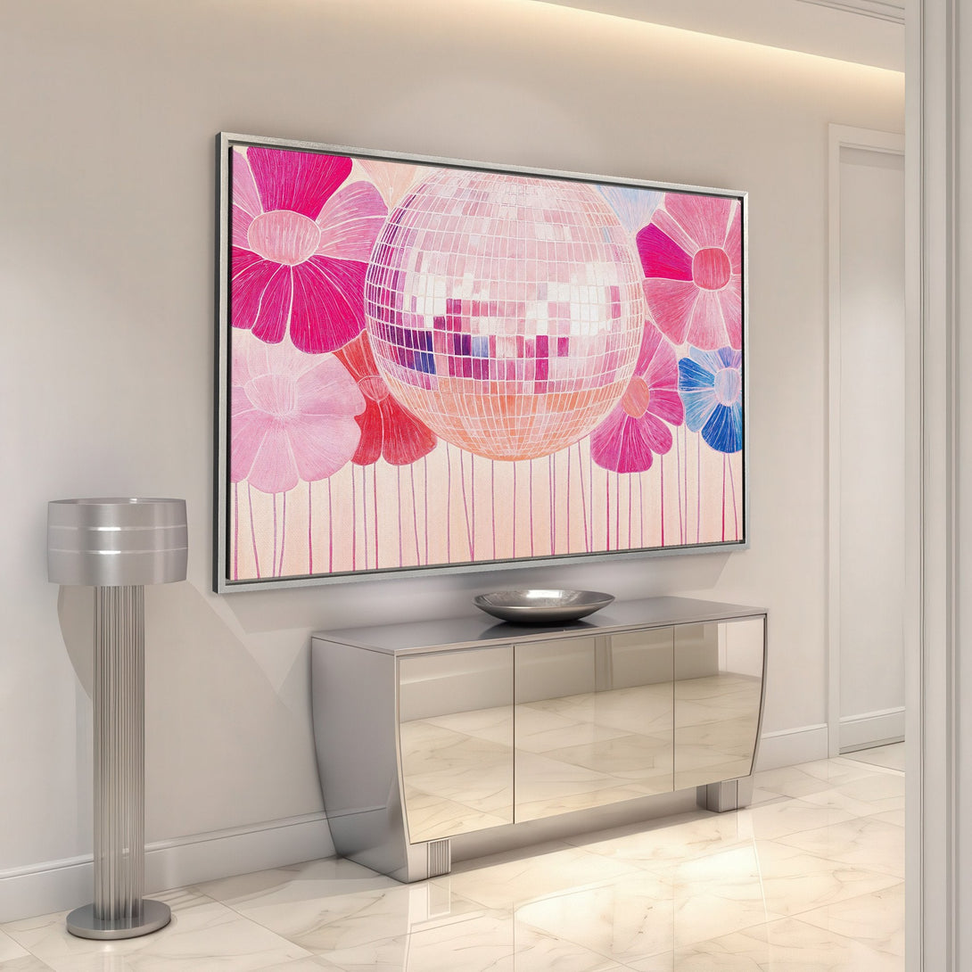 Framed Wall Art featuring a disco ball and floral design in a vibrant pink, red, and blue color palette. Modern art to brighten any space!