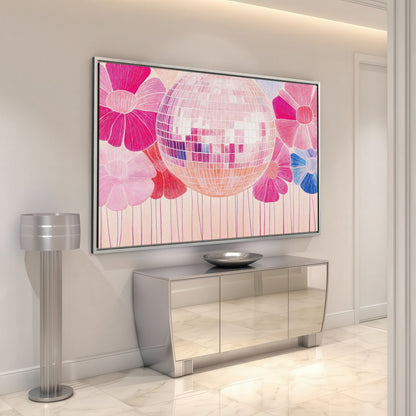 Disco Ball and Pink Flower Framed Canvas Print Boho Art