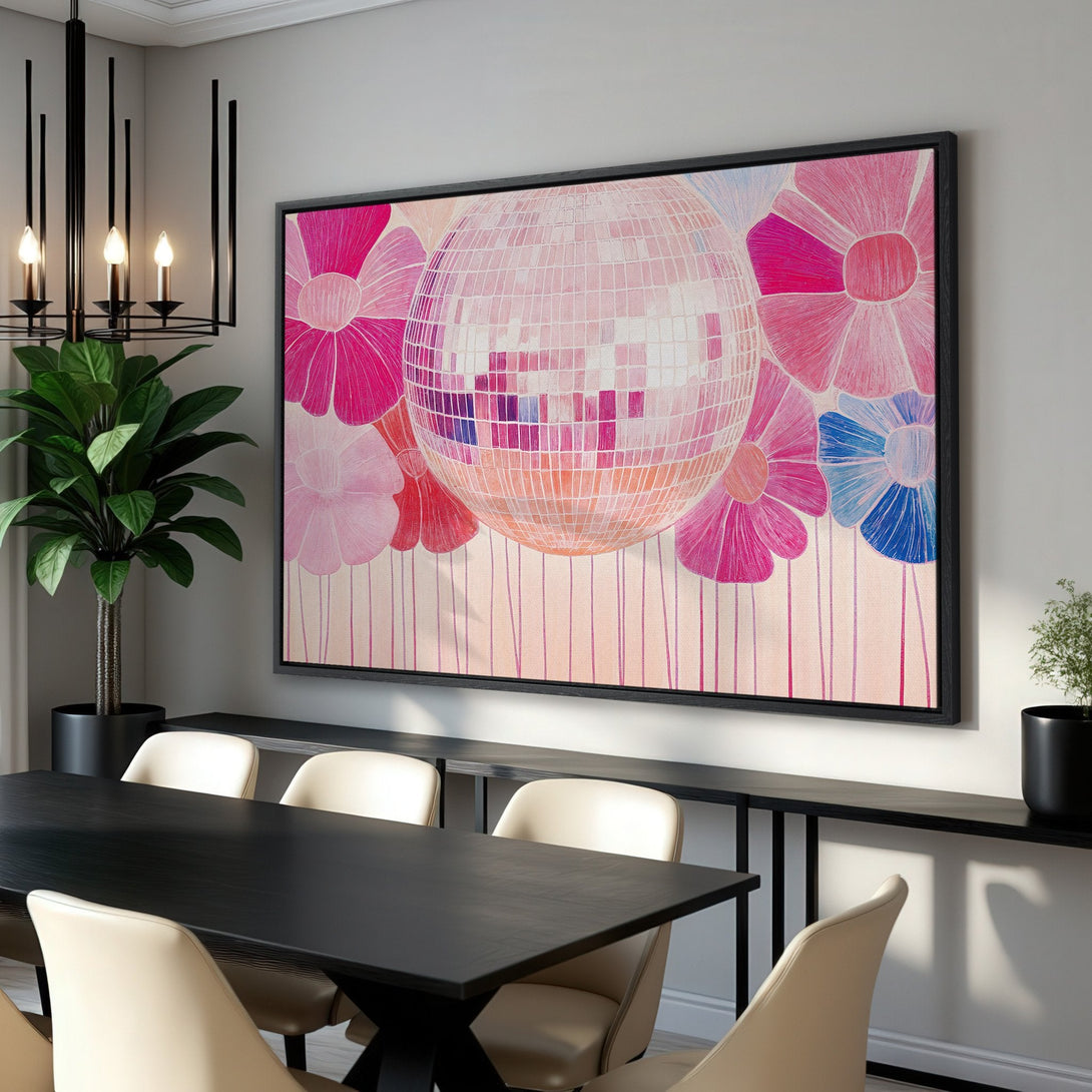 Framed Wall Art featuring a disco ball and flowers in a vibrant pink and peach palette. Modern art style, perfect for adding a pop of color to any room.