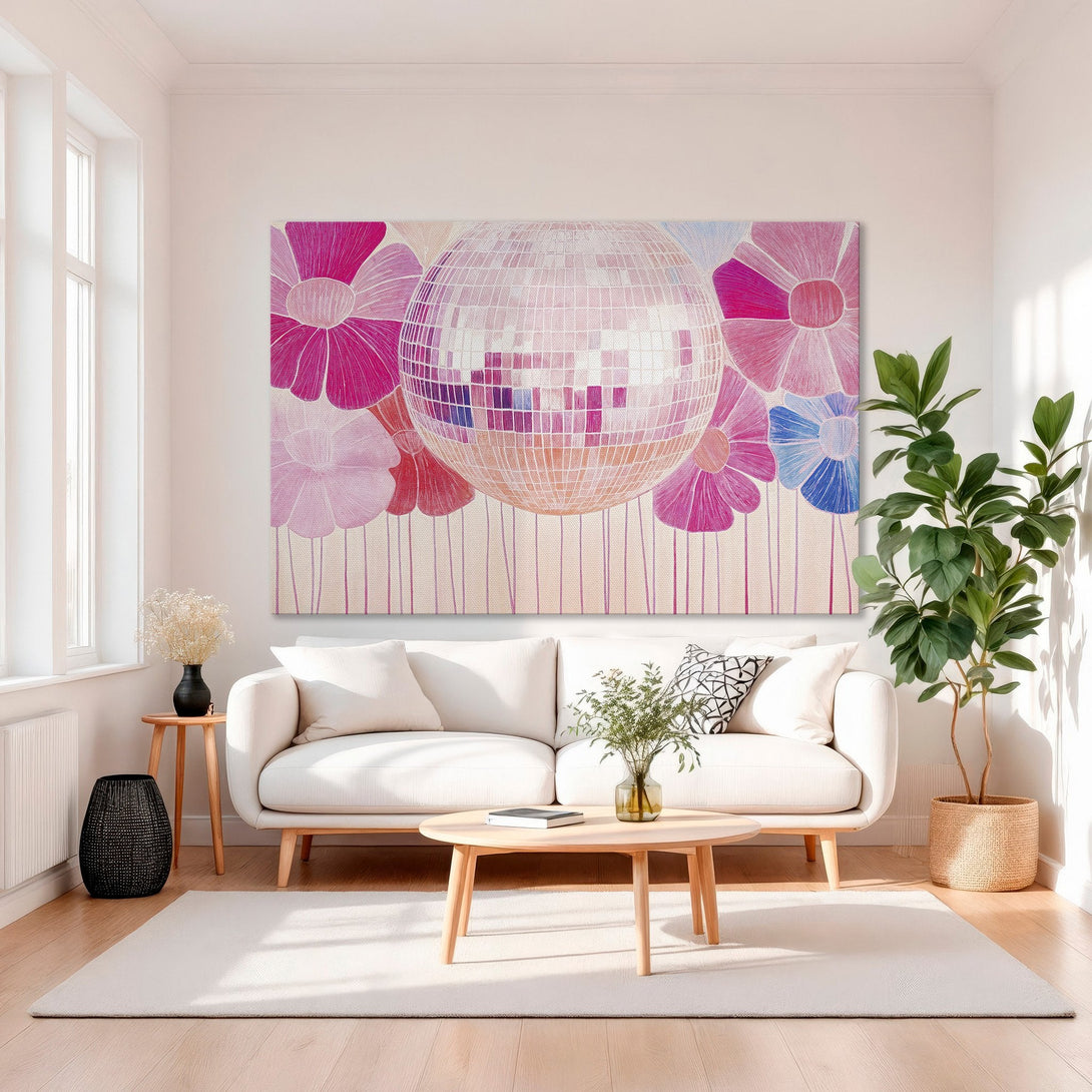 Framed Wall Art featuring a disco ball and floral design in a vibrant pink and peach palette, perfect for adding a pop of color to your home.