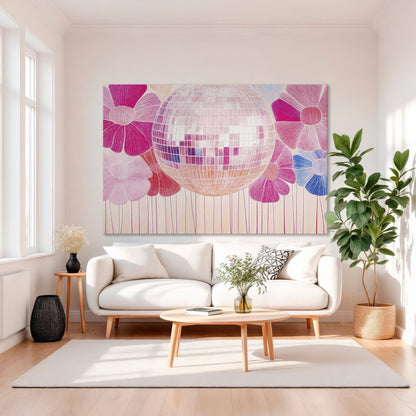 Disco Ball and Pink Flower Framed Canvas Print Boho Art