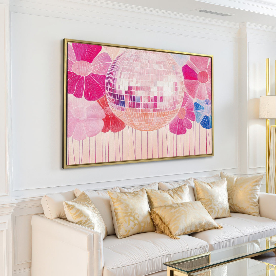 Canvas Print featuring a disco ball and floral design in pink and purple hues, adding a pop of color to any room.
