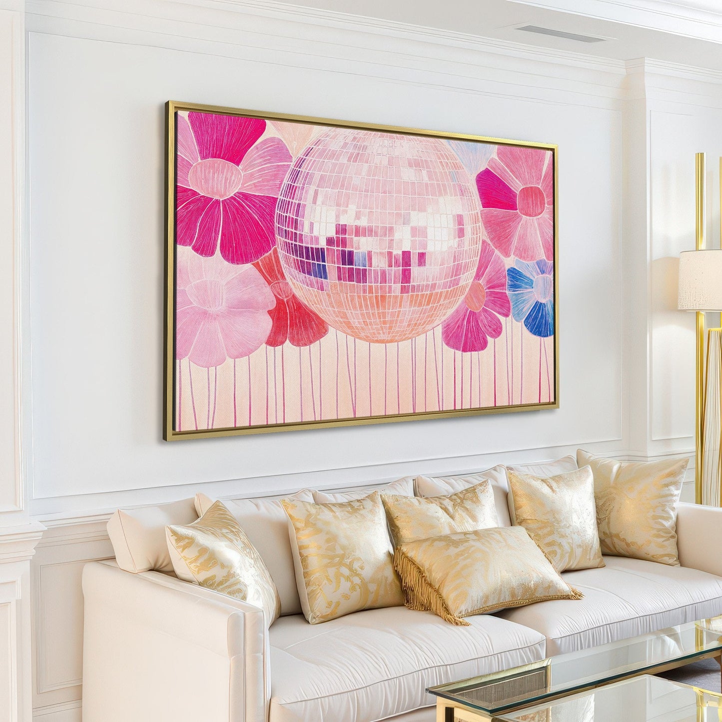 Disco Ball and Pink Flower Framed Canvas Print Boho Art