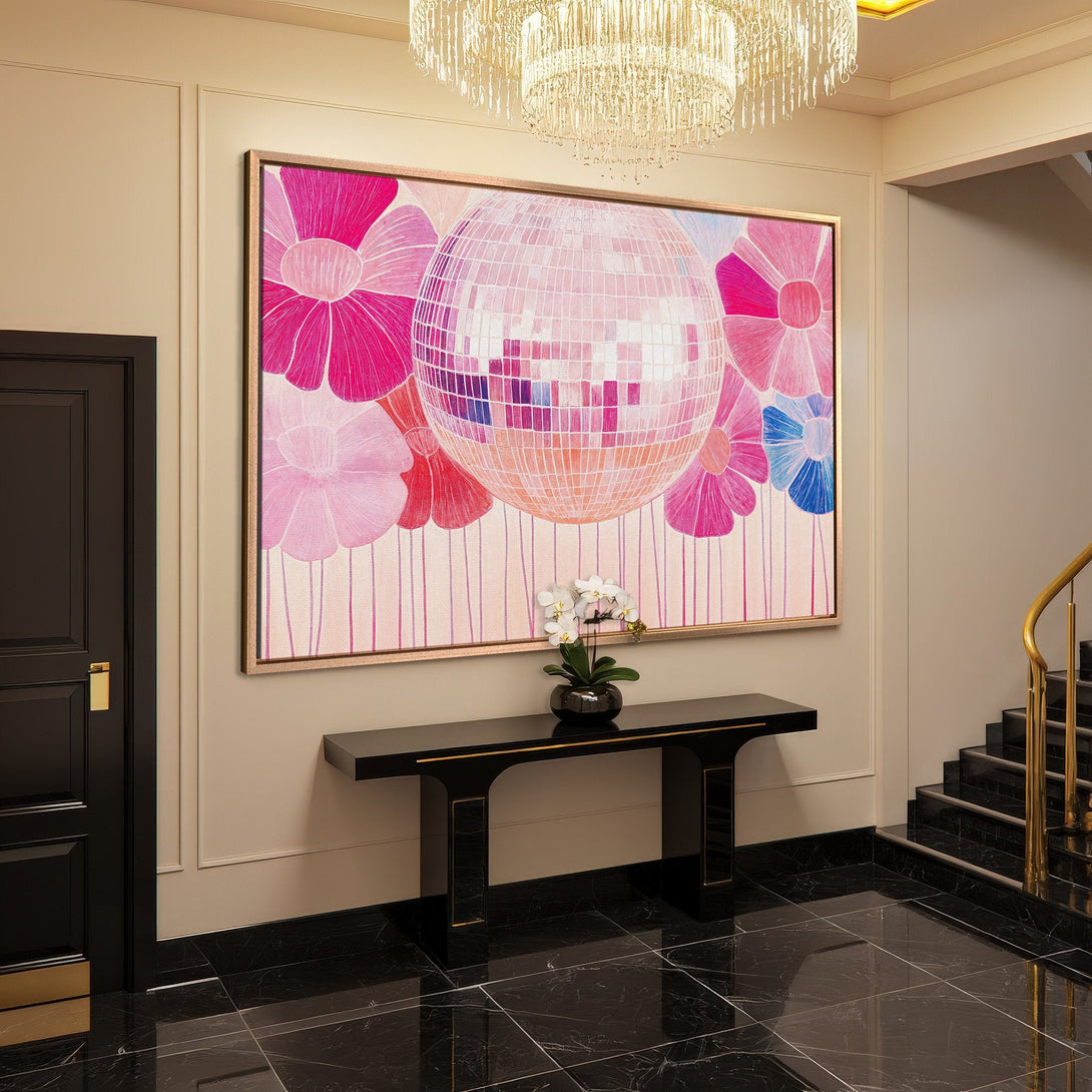 Framed Wall Art: Disco ball and floral design in pink and blue hues. Modern art for a stylish interior. Shop now!