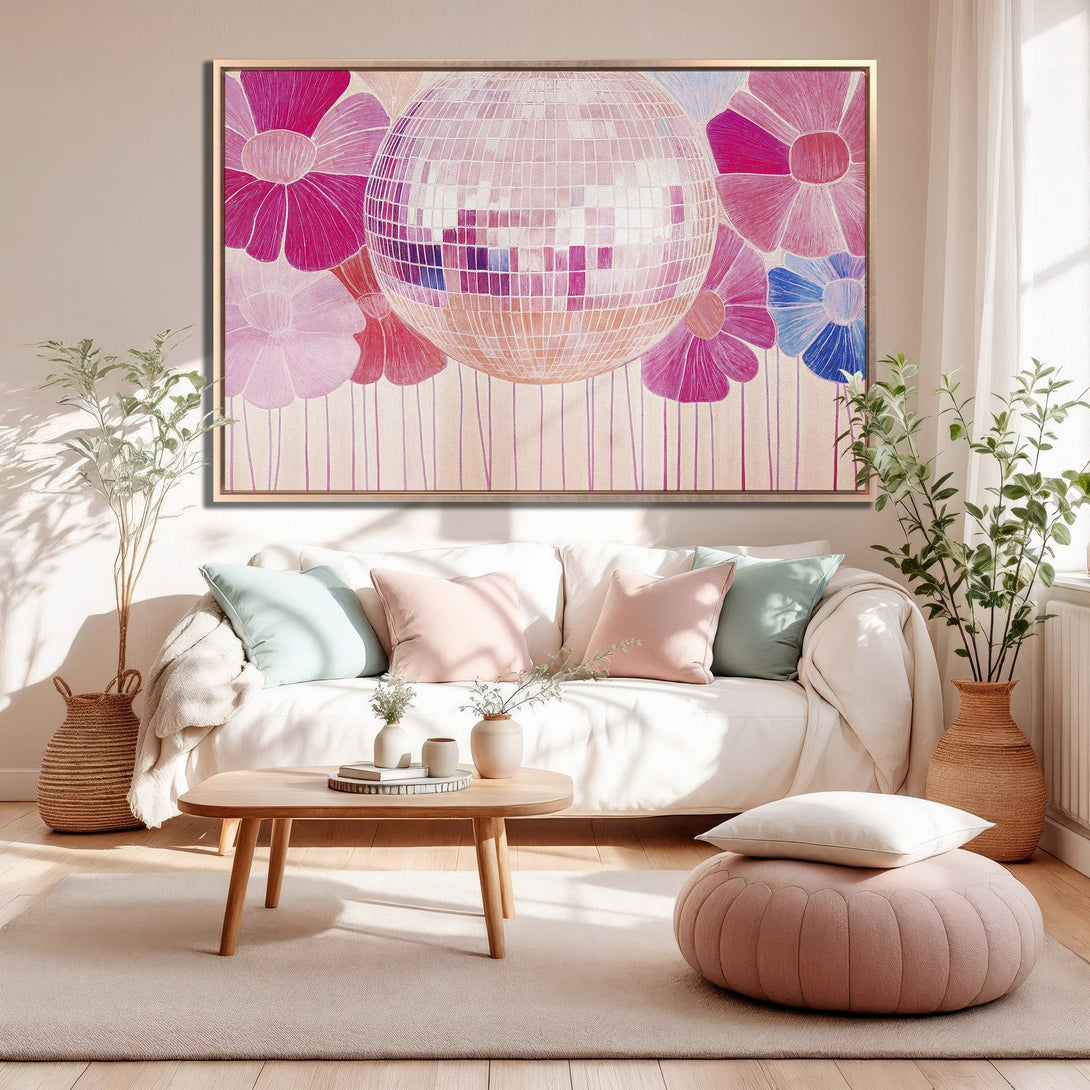 Framed Wall Art featuring a disco ball and flowers in a pink and blue color palette, perfect for adding a pop of color to your living room.