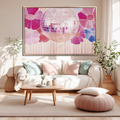 Disco Ball and Pink Flower Framed Canvas Print Boho Art