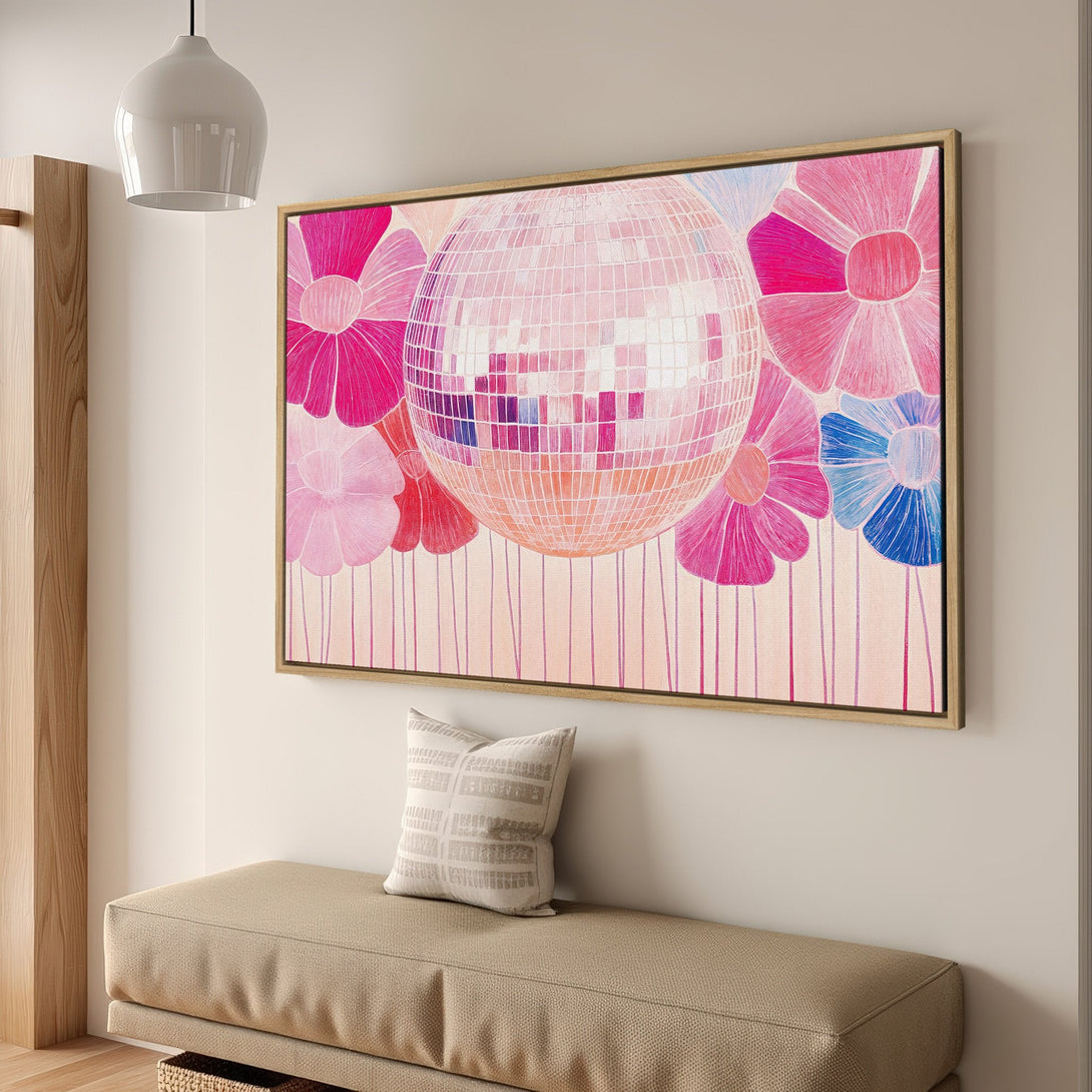 Framed Wall Art: Disco ball and floral art in pinks and blues. Modern, colorful canvas print for a stylish interior.