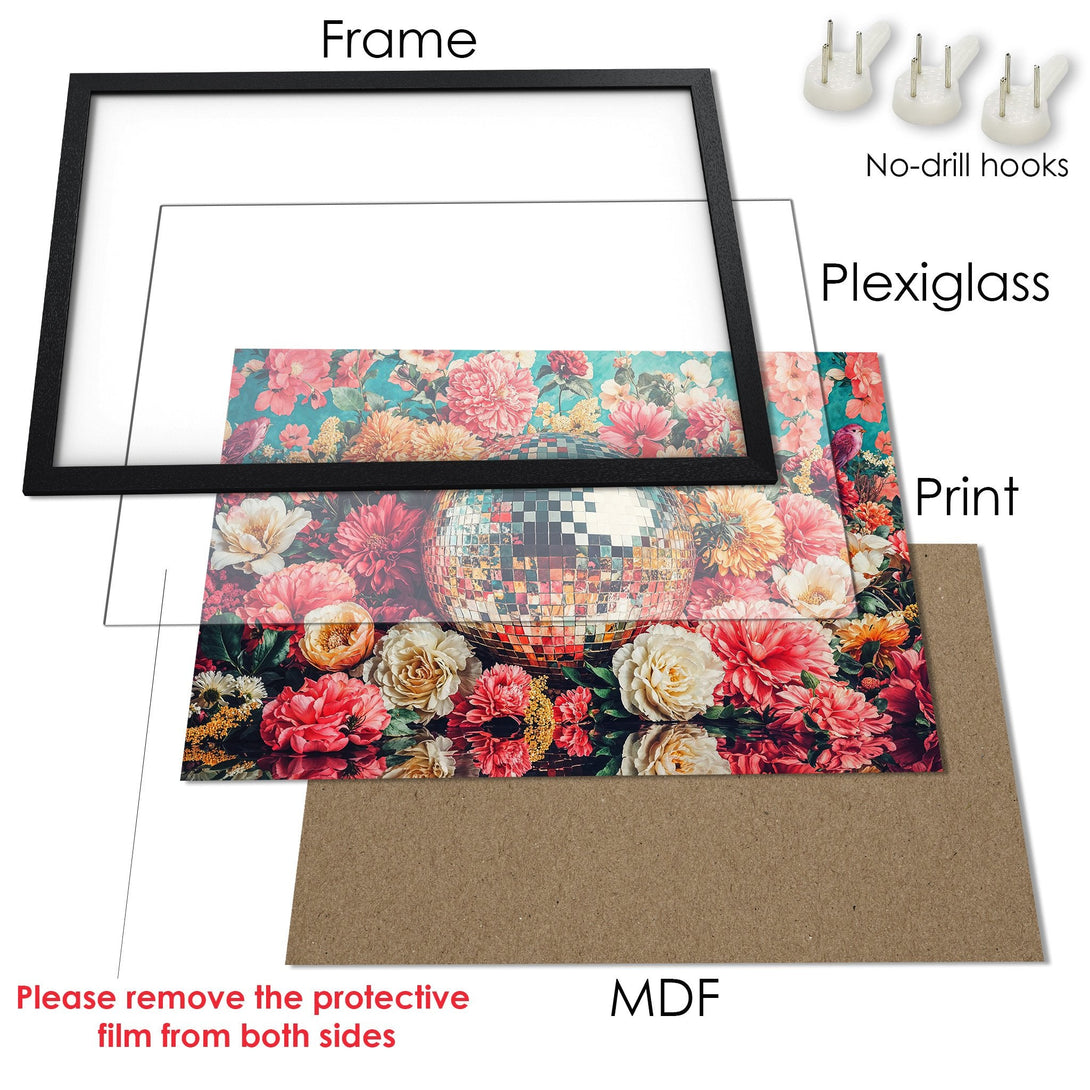 Framed Poster featuring a vibrant floral design with a disco ball, in a colorful palette. Perfect wall art!