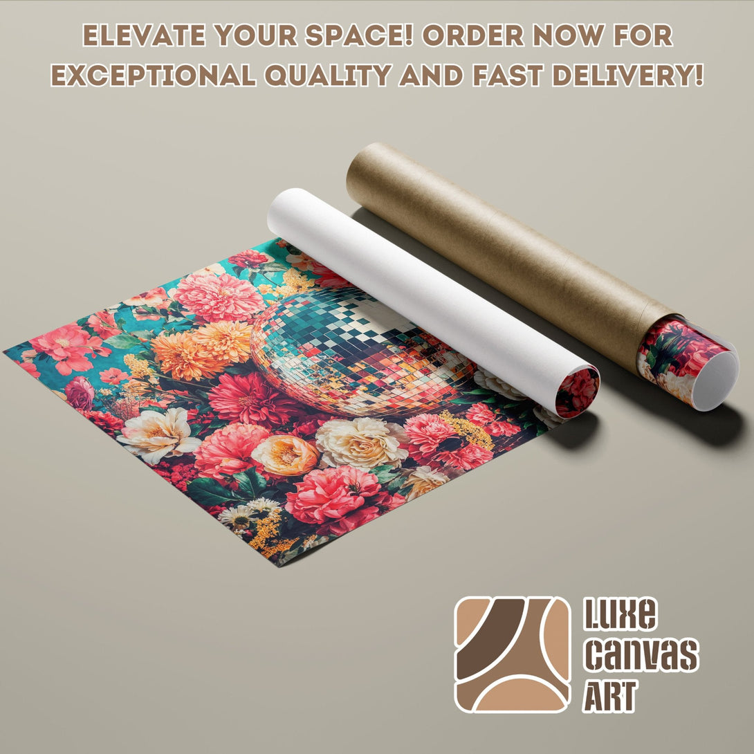 Poster Roll featuring floral and disco ball design, vibrant colors, perfect for home decor.