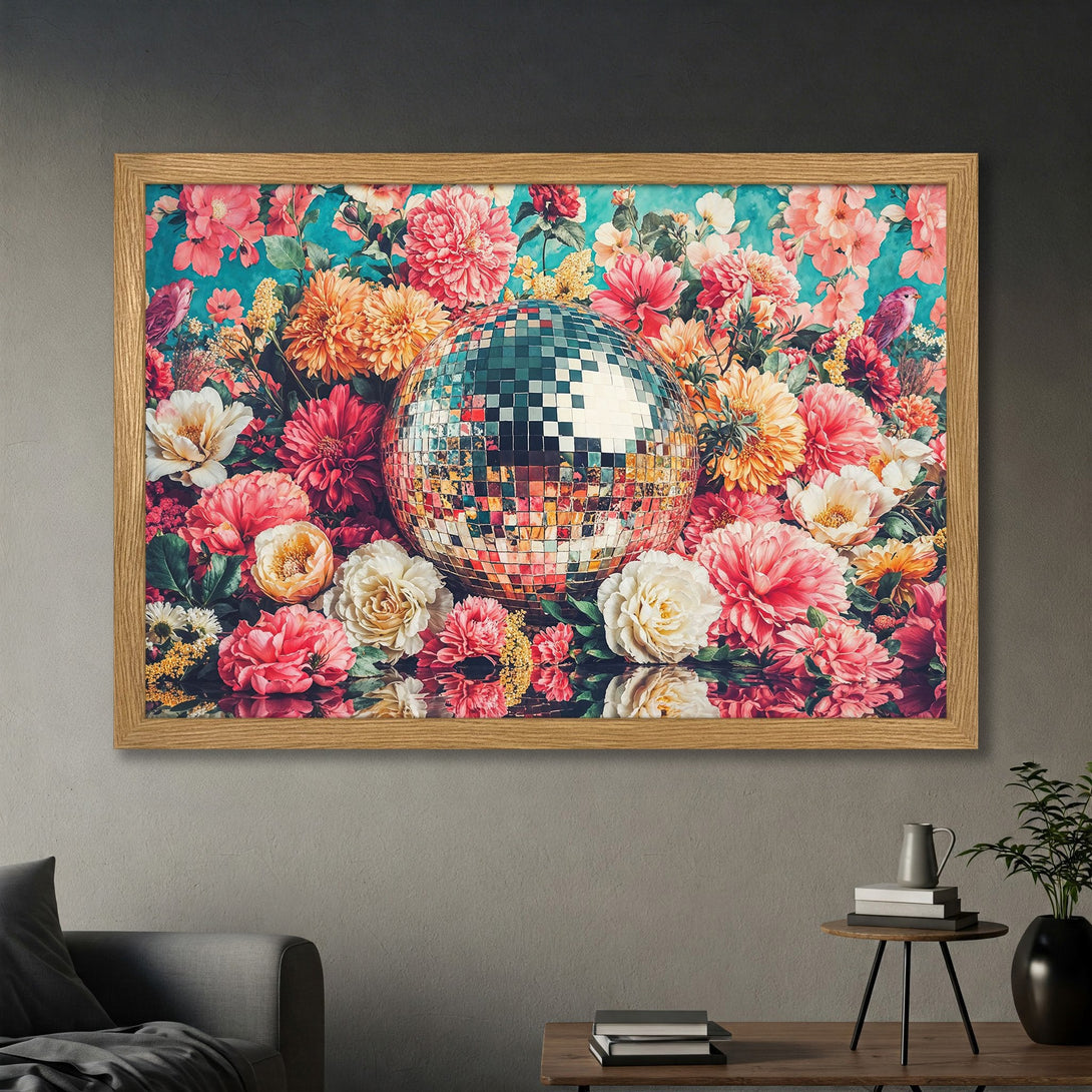 Framed Poster featuring a disco ball surrounded by vibrant floral arrangement. Modern art style with a colorful palette of pinks, oranges, and teal.