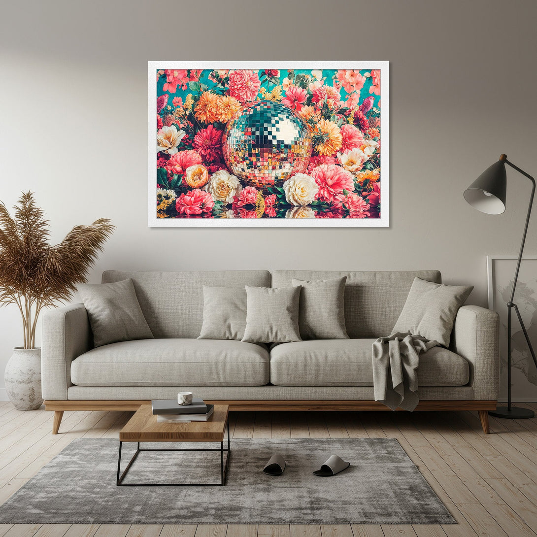 Framed Poster featuring a disco ball surrounded by vibrant flowers, in a colorful, artistic style. Perfect wall art for any space!