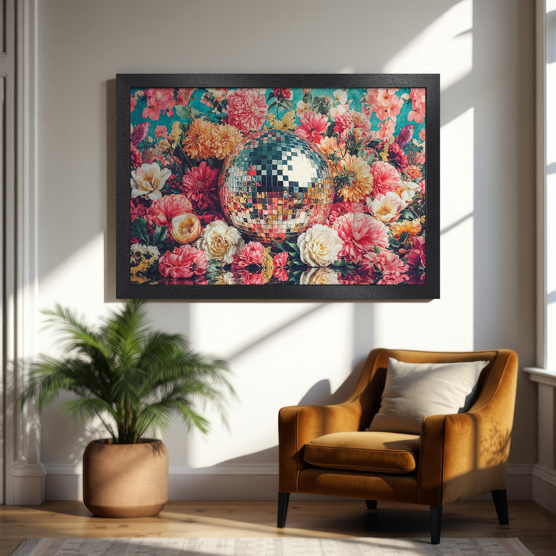 Framed Poster featuring a disco ball and floral design, vibrant colors, and a vintage style. Perfect wall art!