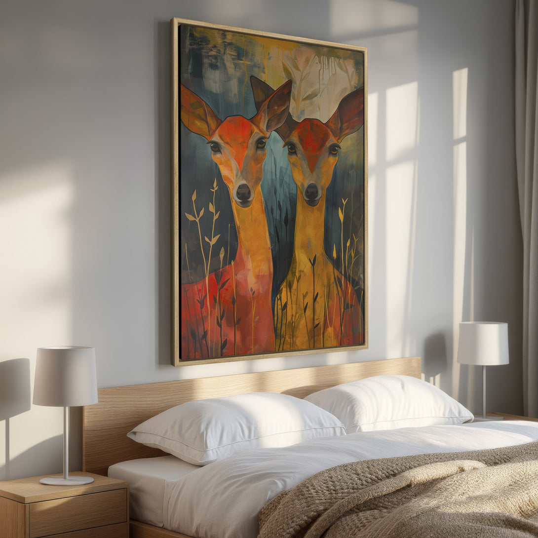 Framed Wall Art featuring two deer in warm orange and yellow tones. Modern art print in a bedroom setting, adding a touch of nature and style.