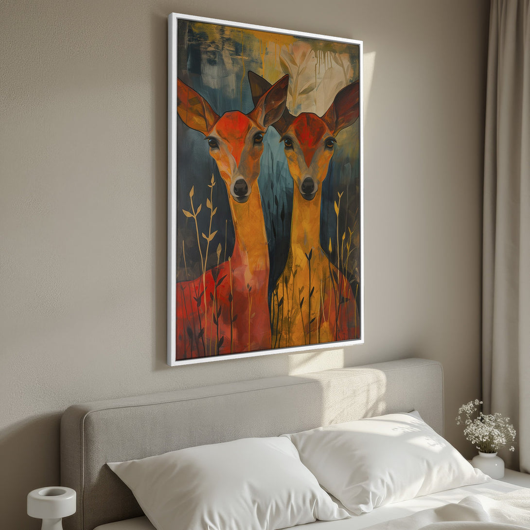 Framed Wall Art featuring two deer in an abstract style, warm orange and gold tones. Perfect for adding a touch of nature to your bedroom decor.