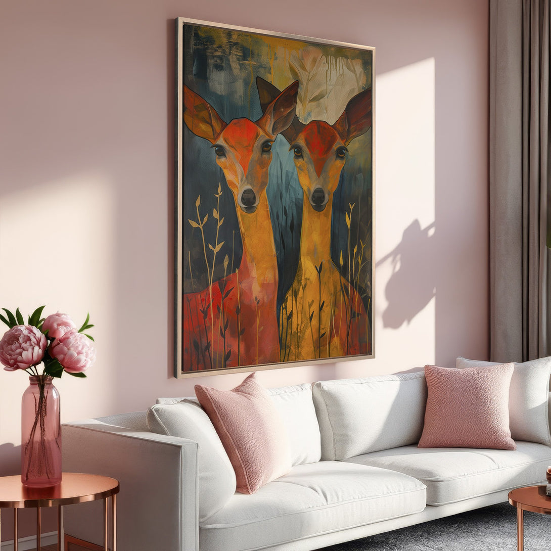 Framed Wall Art featuring two deer in a warm, abstract style. Earthy tones of orange, gold, and blue create a cozy, inviting aesthetic. Perfect for any living space!