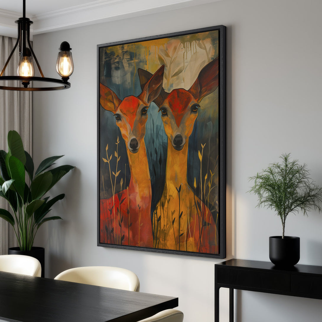 Framed Wall Art featuring two deer in an abstract style with warm orange & red tones. Add a touch of nature to your home with this stunning Canvas Print!