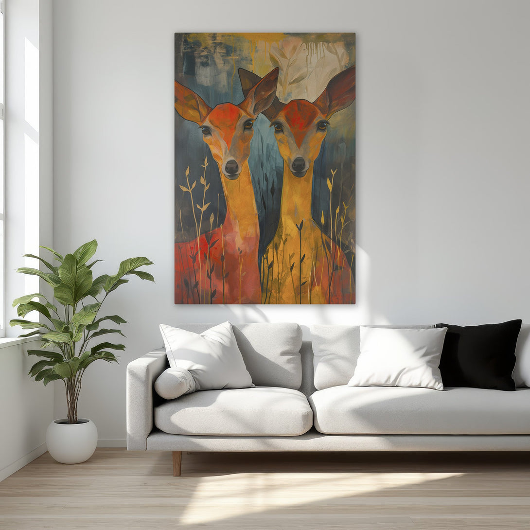 Framed Wall Art: Abstract deer painting with warm orange and blue tones. Modern art canvas print for bedroom decor.