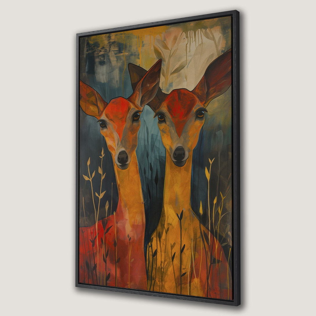 Framed Wall Art featuring two deer in an abstract, painterly style with warm orange, yellow, and blue tones. Perfect for adding a touch of nature to your home.