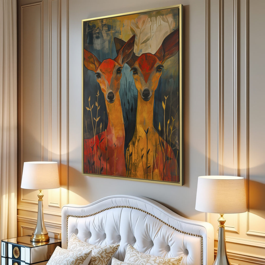 Canvas Print featuring two deer in warm orange and yellow tones against a moody blue background. Modern abstract art for your home decor.
