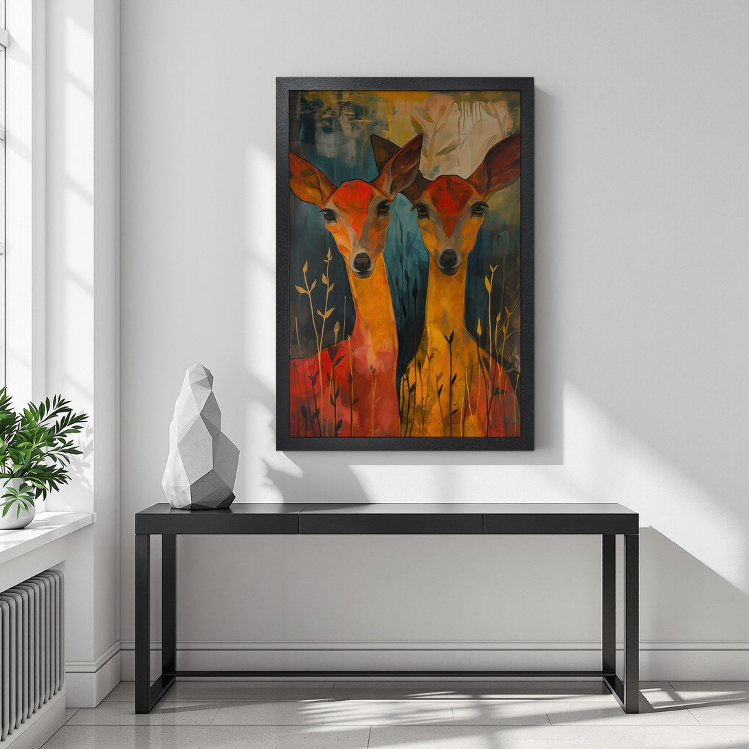 Framed Poster featuring two deer in an abstract style with a warm orange and teal color palette. Add art to your home!