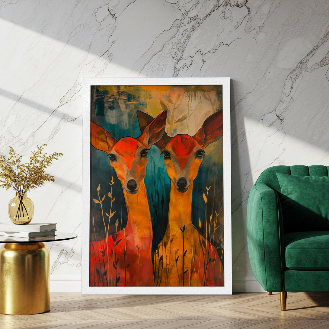 Framed Poster featuring two deer in an abstract style, warm orange and teal color palette, perfect wall art for any room.