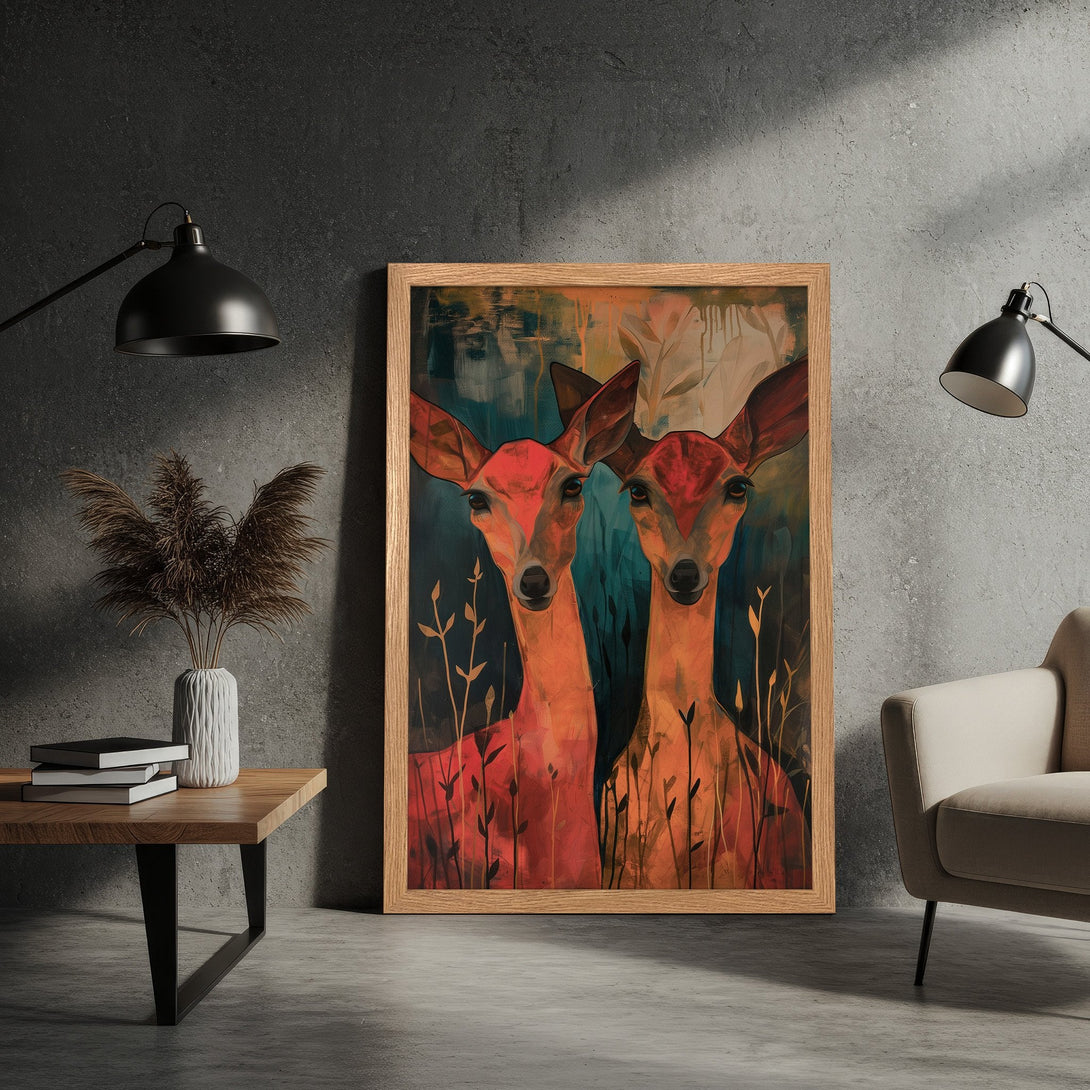 Framed Poster featuring two deer in a modern, abstract style with a warm, earthy color palette. Perfect wall art for any space!