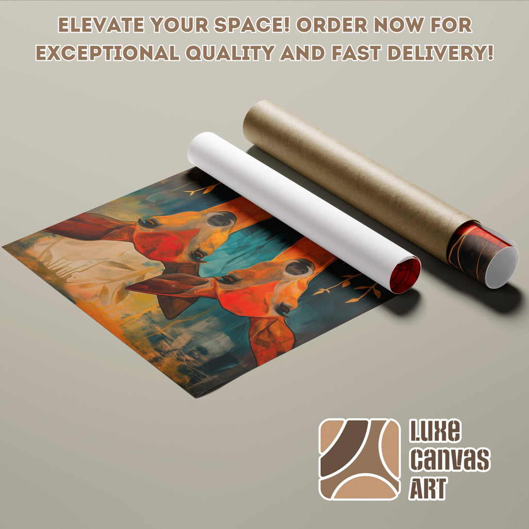 Poster Roll of deer art, abstract style with warm orange, teal, and brown hues. Elevate your space with Luxe Canvas Art!