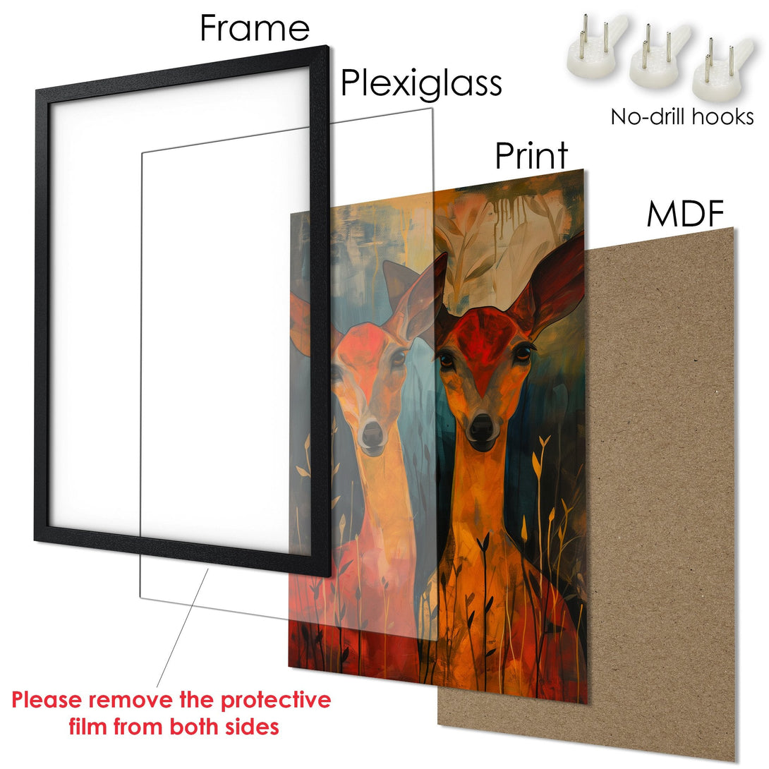 Framed Poster featuring a deer in an abstract style with warm orange and teal tones. Perfect wall art!