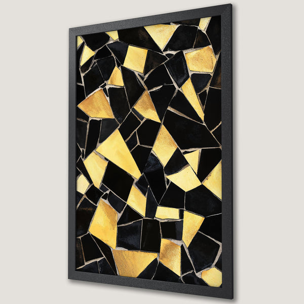 Framed Poster featuring an abstract mosaic design in black and gold. Modern art print to elevate your space!
