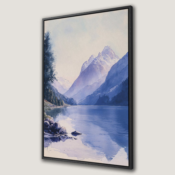 Framed Wall Art Canvas Print of a serene mountain lake scene in watercolor style, featuring a cool blue and purple color palette. Perfect for home decor.
