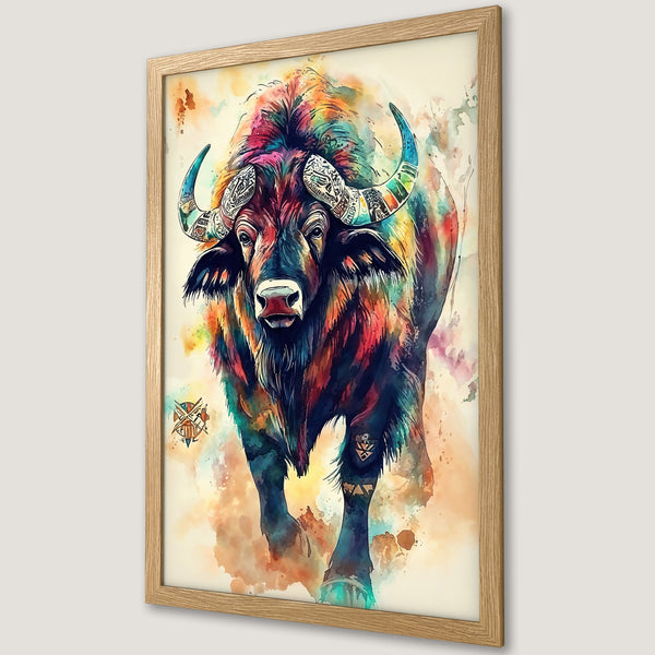 Framed Poster of a vibrant watercolor buffalo. Colorful art print with a rainbow palette, perfect for home decor.