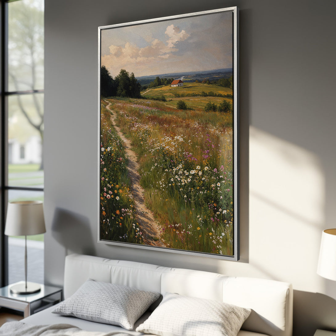 Framed Wall Art: Landscape Canvas Print featuring a serene meadow scene with a path, in warm earth tones and vibrant floral accents.