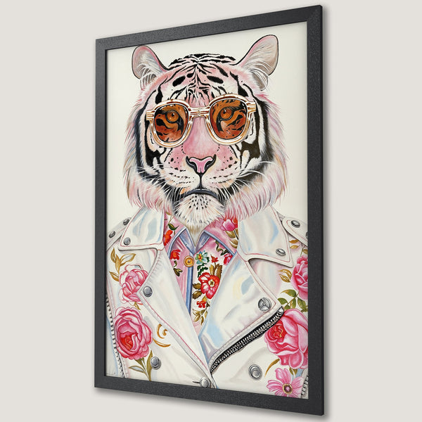 Framed Poster of a stylish tiger wearing sunglasses and a floral jacket. Watercolor style with pink, white, and gold color palette. Unique wall art.
