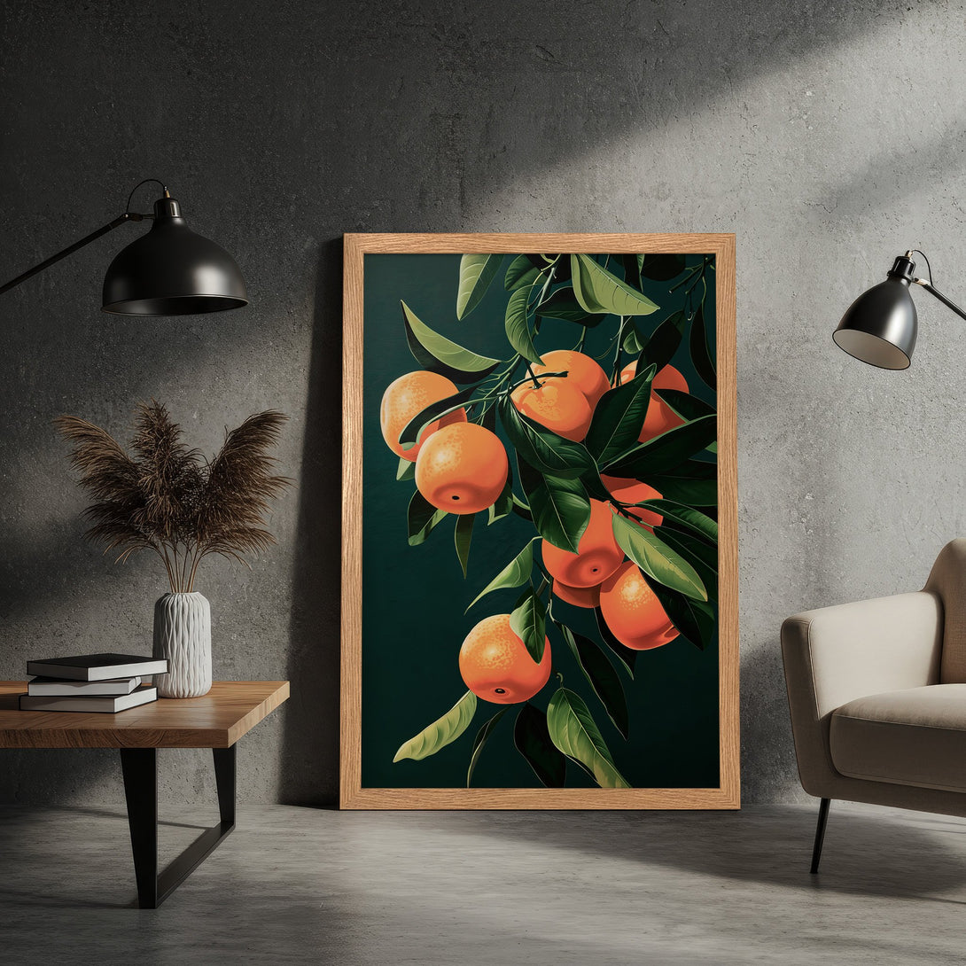 Framed Poster featuring vibrant orange citrus on a dark green background. Stylish botanical art with a warm, inviting color palette. Perfect wall decor.