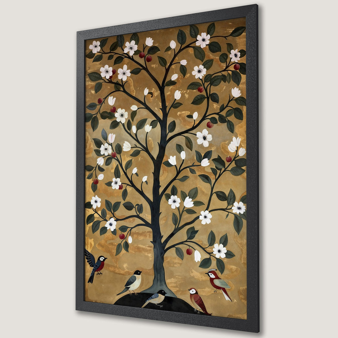 Framed Poster featuring a tree with white flowers and birds, in a gold and green color palette. Art print for home decor.